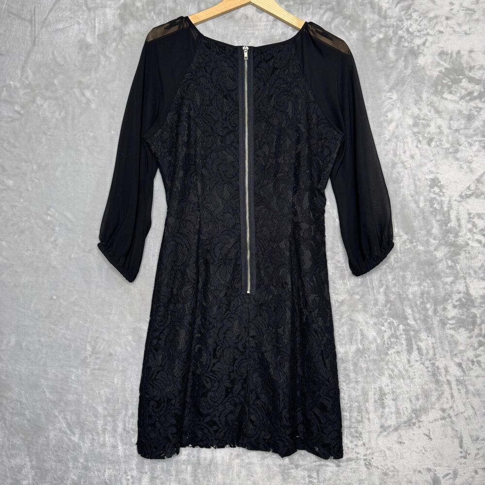 Adrianna Papell Dress Womens 6 Black Lace Shift 3/4 Semi Sheer Sleeve Cocktail - Picture 2 of 11